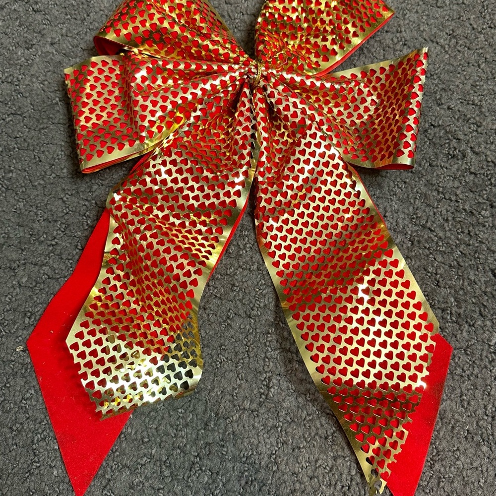 Vintage Red Gold Heart Christmas Valentines Day Bow 15”